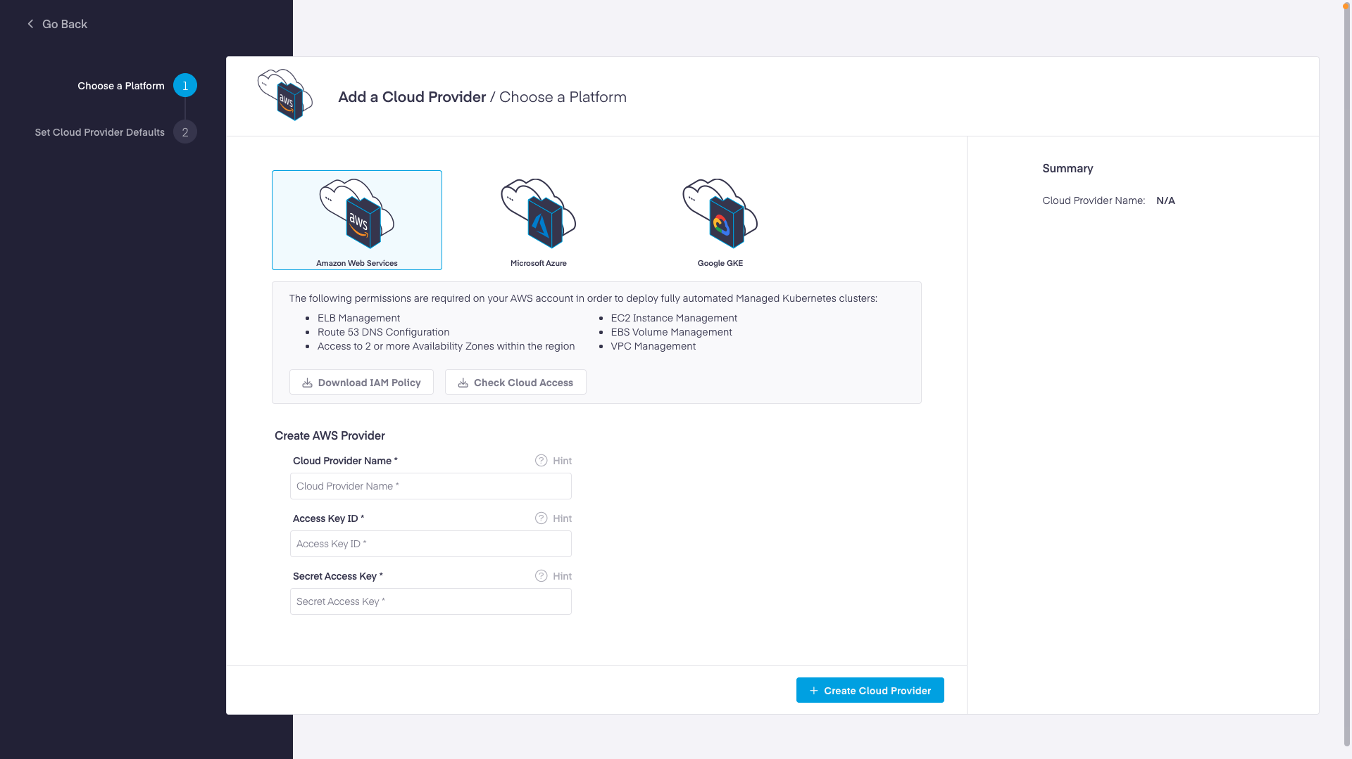 Platform9 – UI - Add New AWS Cloud Provider